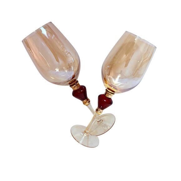 Pier 1 Amber Wine Glasses Set of 2 VTG Elegant Holiday Goblets Bar Cart Decor - Picture 7 of 16